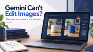 Gemini can’t edit images troubleshooting illustration showing a white mug and the intended blue-mug edit on a laptop.