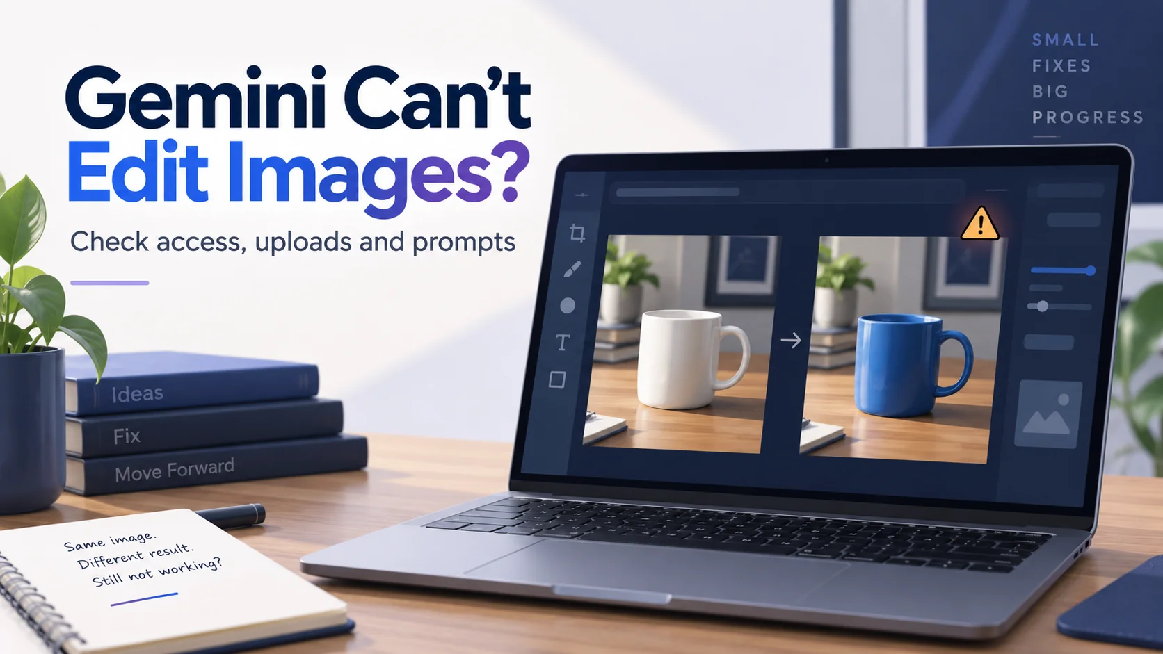 Gemini can’t edit images troubleshooting illustration showing a white mug and the intended blue-mug edit on a laptop.